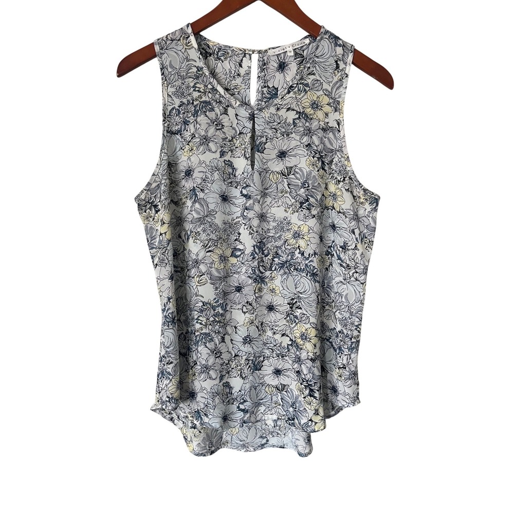 Violet + Claire Floral Sleeveless Blouse Gray Yellow Keyhole Neck Top Size M